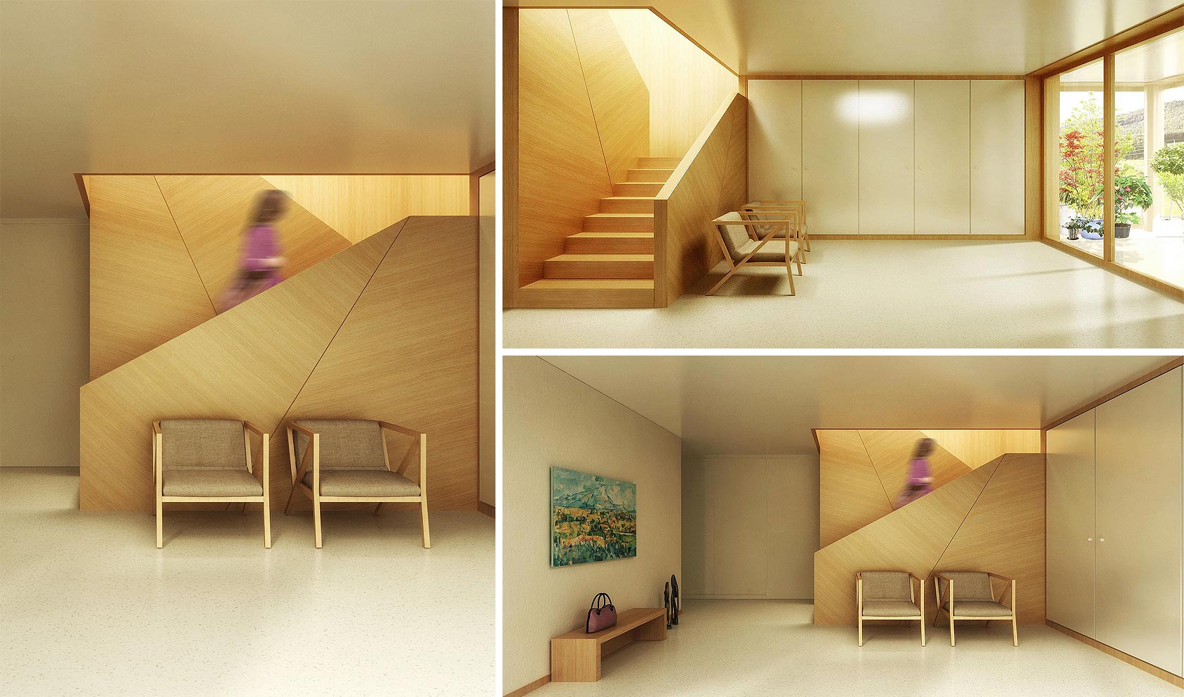 Vstupní hala – luxusní soudobé stavby s vestavěným schodištěm moderního vzhledu, skandinávského designu, Čalouněná moderní křesla, Vestavěná šatní skříň s moderním osvětlením, Prosklená dělící stěna, Celkový pohled do vstupní haly vyrobené  v SHERATON INTERIER