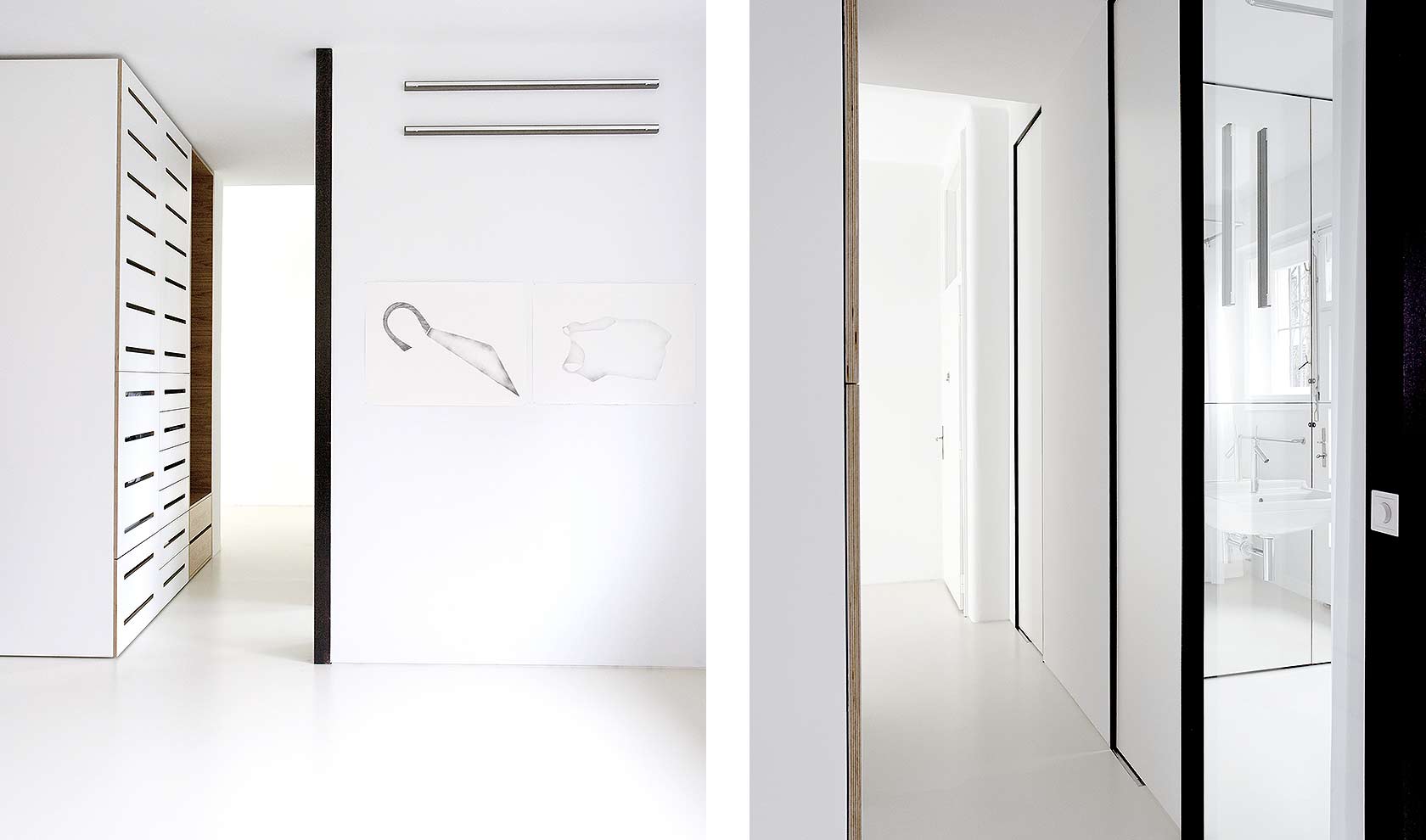 Detail ořechové desky stolu,	Paravan v ložnici je replika designerky Eileen Gray	Pohled do dětského pokoje s vestavěným nábytkem