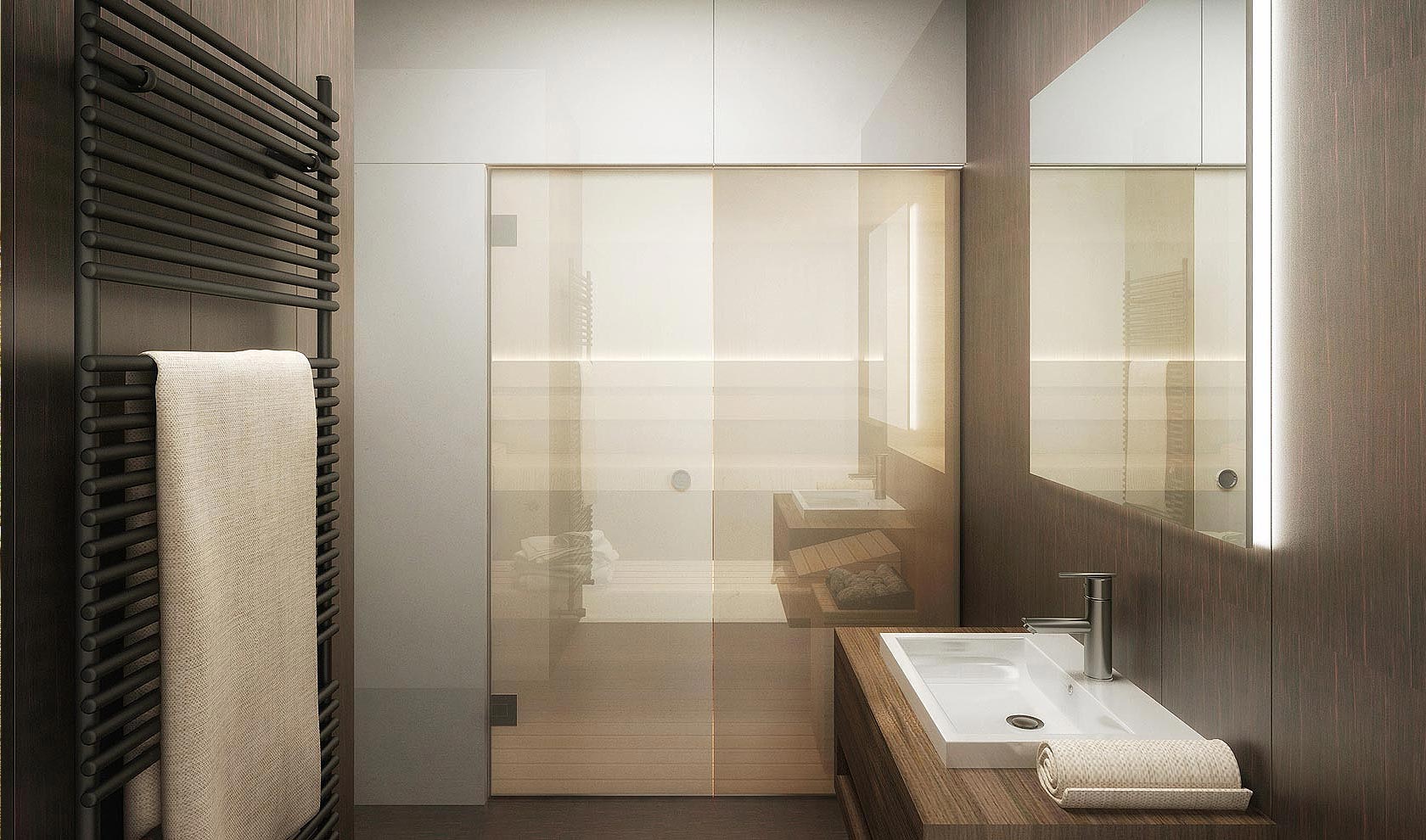 Koupelna s obklady z teakového dřeva a vestavěné toaletní skříňky moderního designu